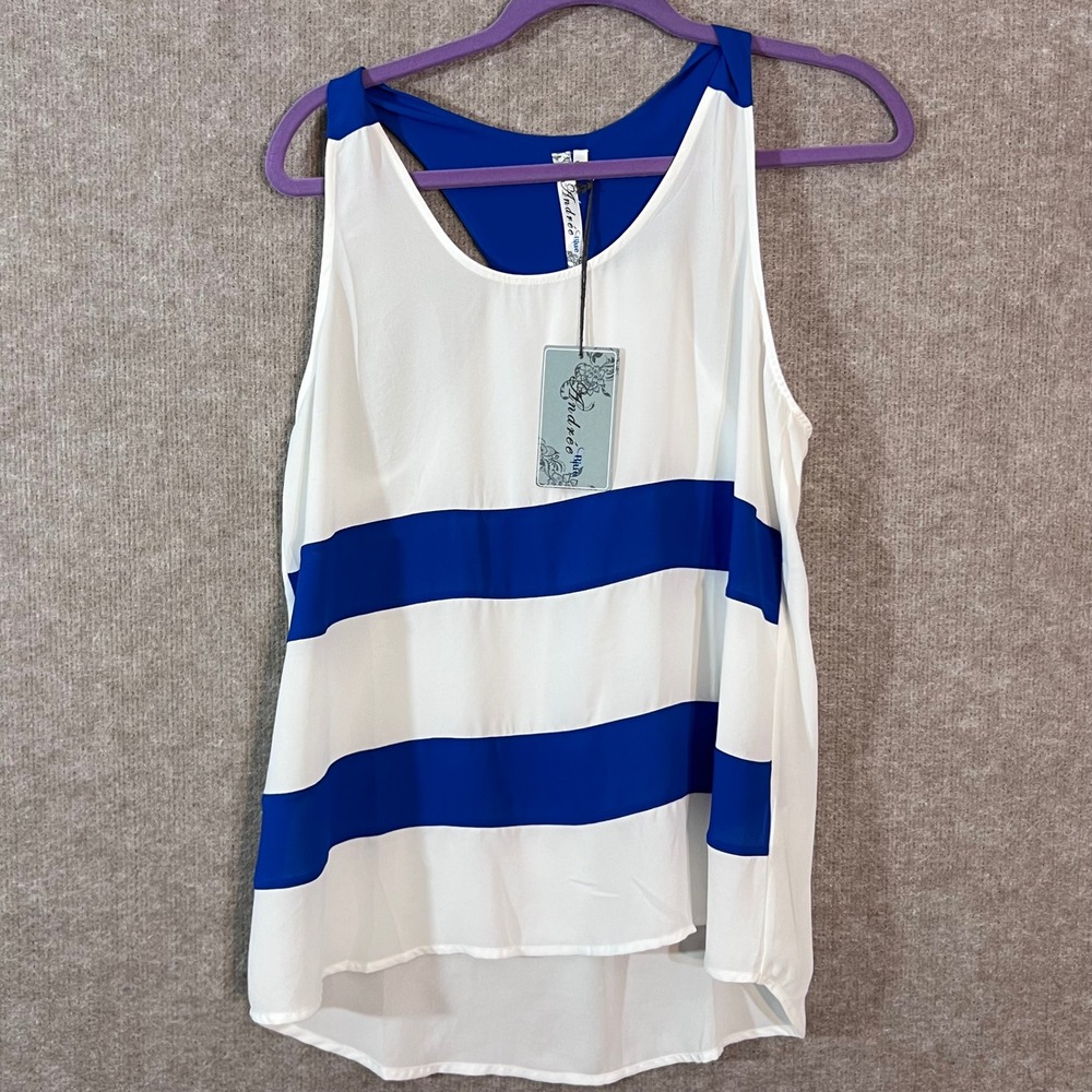 Andree Blue Tank Top Womens Medium White Blue Striped Racerback High Low Chiffon